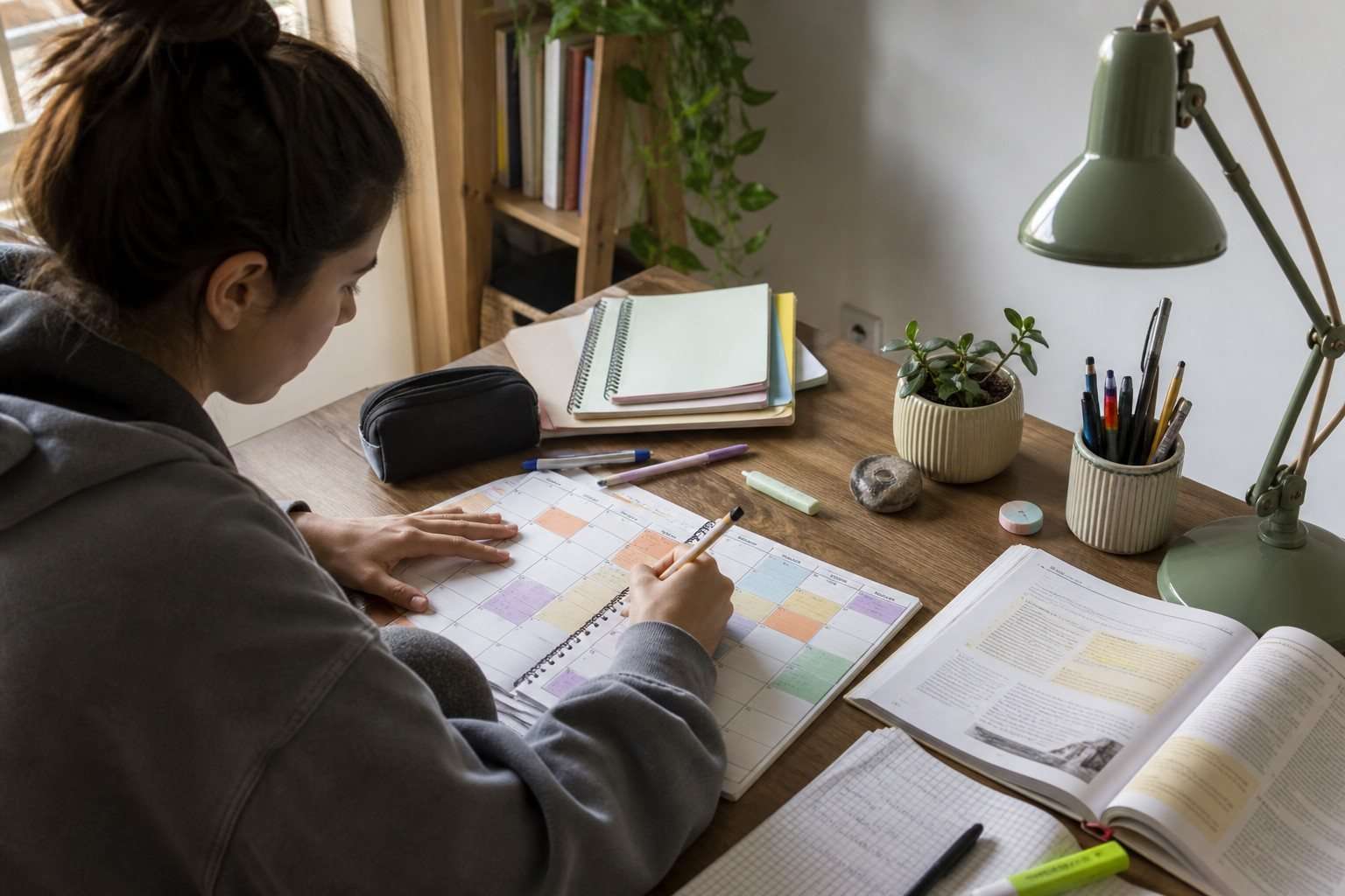 Calendario semanal con bloques pequeños de estudio marcados con colores suaves